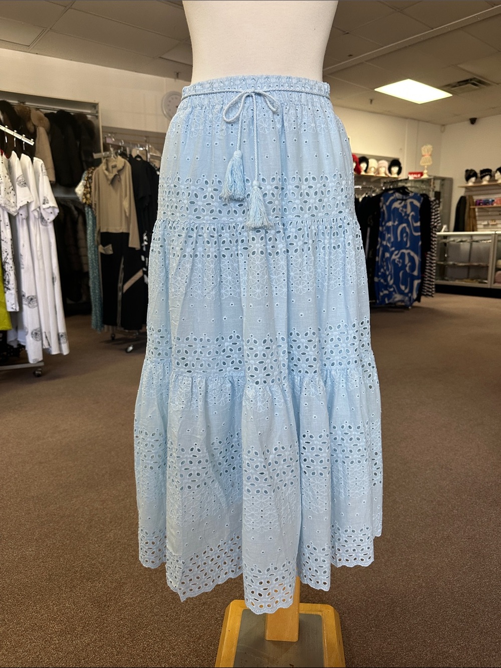 Tiered Eyelet Midi Skirt in Light Blue with Tassel Waist